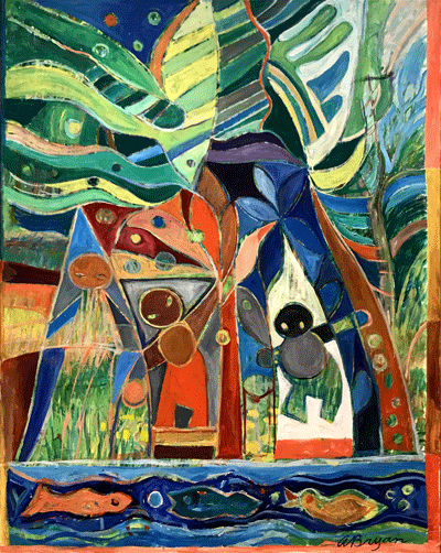 “Grape Pickers Sing to the Sun” (1992) 48 x 36 inches, oil on canvas, gift of the Ashley Bryan Center.