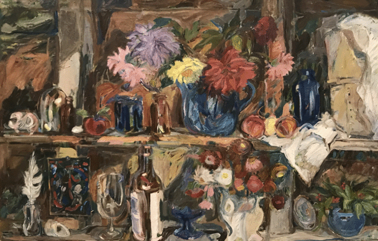 “Studio Still Life Tremont Avenue Bronx, NY” (1962) 35 x 48 inches, gift of the Ashley Bryan Center.