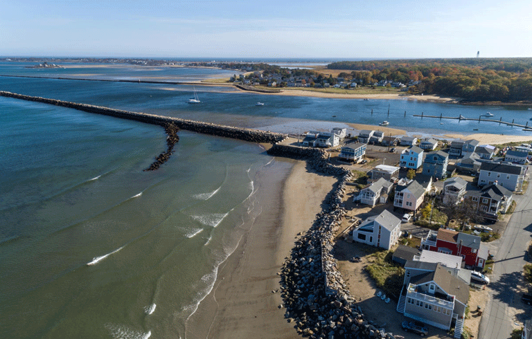 An aerial view of the shore at Camp Ellis in Saco.