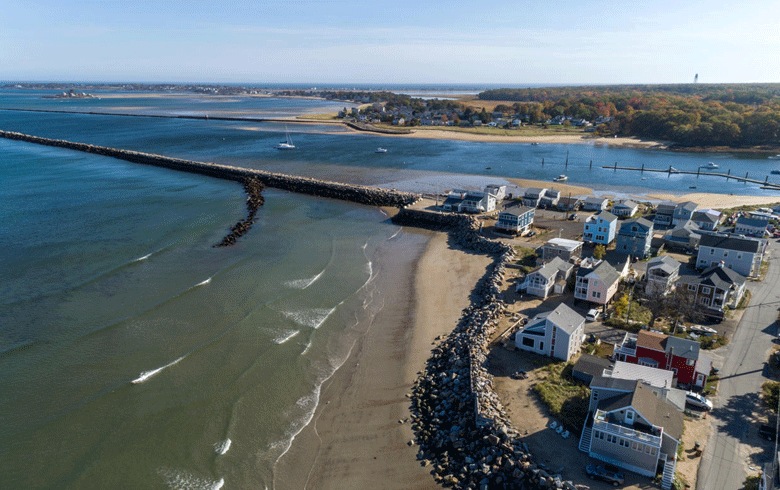 An aerial view of the shore at Camp Ellis in Saco.