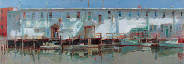 Tina Ingraham’s Harbor Fish Market, Portland Pier, 2005, oil on canvas, 30 x 74 inches. PHOTO: DENNIS GRIGGS