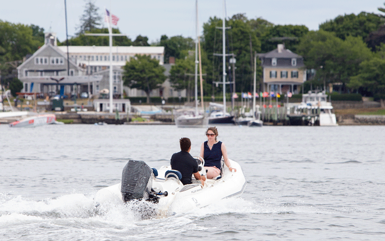A boat underway powered by an electric outboard in Bristol, R.I. PHOTO: JACK SULLIVAN
