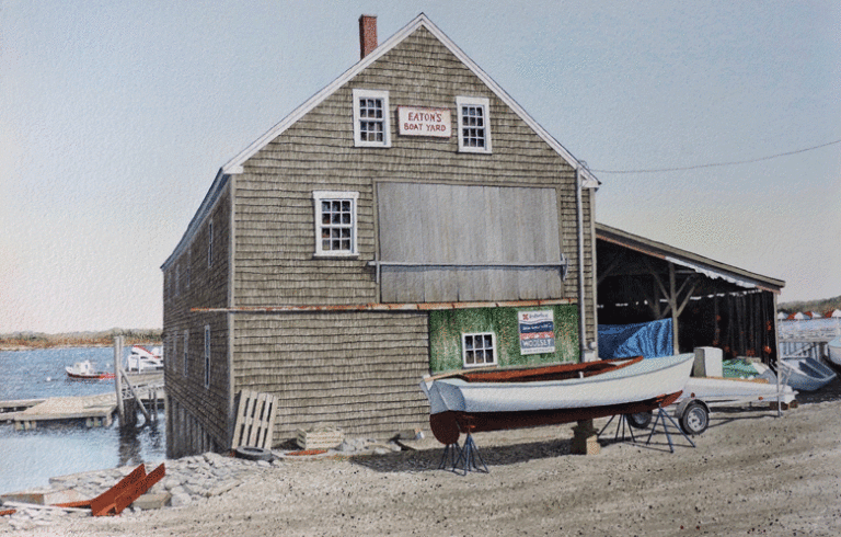 Gregory Dunham’s Eaton’s Boatyard, 2015; watercolor, 15 inches by 22½ inches (now in a private collection).