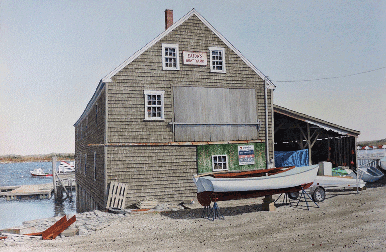 Gregory Dunham’s Eaton’s Boatyard, 2015; watercolor, 15 inches by 22½ inches (now in a private collection).