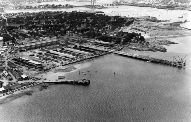 And aerial view of South Portland’s Cushing’s Point Shipyard which was in full production during World War II. PHOTO: MAINE MARITIME MUSEUM
