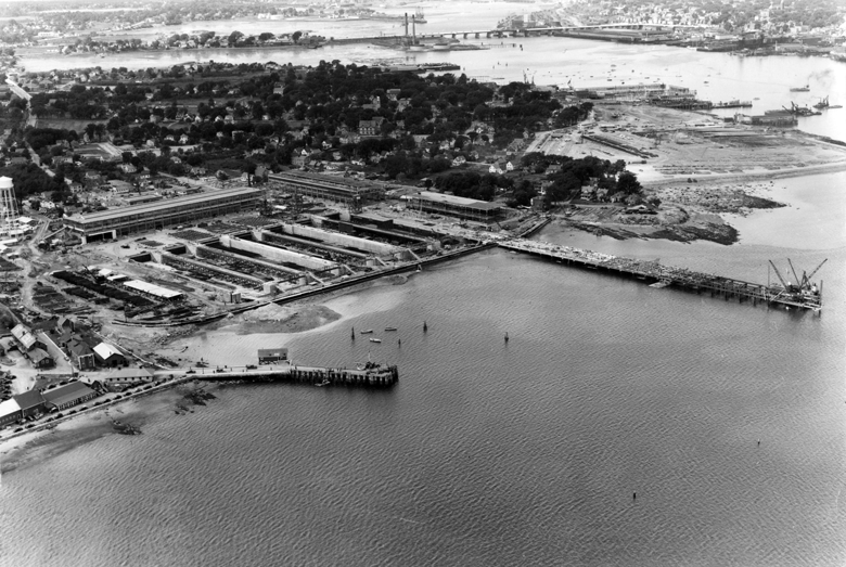 And aerial view of South Portland’s Cushing’s Point Shipyard which was in full production during World War II. PHOTO: MAINE MARITIME MUSEUM