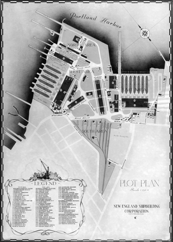 A map showing the build-out of the war effort production facilities in South Portland. IMAGE: MAINE MARITIME MUSEUM