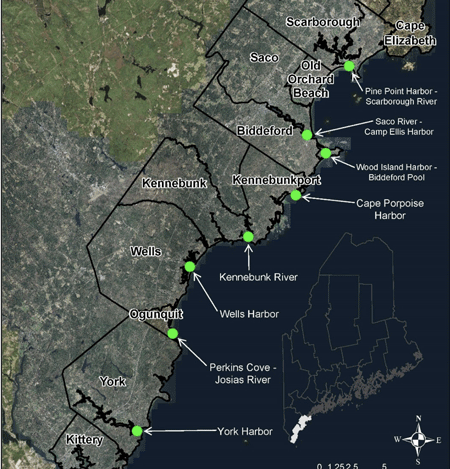 Map of Southern Maine harbors.