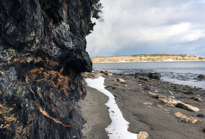 A rock cliff and sandy shore on the east side of Sears Island. FILE PHOTO: TOM GROENING