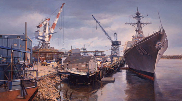 Joel Babb’s Leviathans—The Bath Iron Works (1994, oil on canvas, 36 by 66 inches, collection Maine Maritime Academy, gift of Elizabeth Noyce).