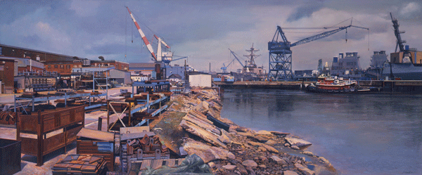 Babb’s The Water’s Edge: The Bath Iron Works (1994, oil, 18 by 44 inches).