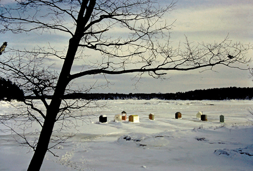 Ice shacks on Sasanoa River near Phippsburg in January 1962.