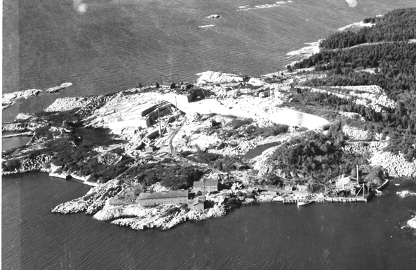 A 1950s aerial view of Crotch Island, just off Stonington, where a major granite quarry operated, and still operates. PHOTO: COURTESY DEER ISLE HISTORICAL SOCIETY