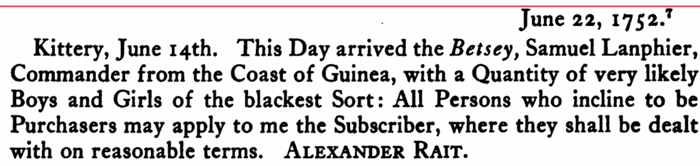 A newspaper report on a slave ship arriving in Kittery.