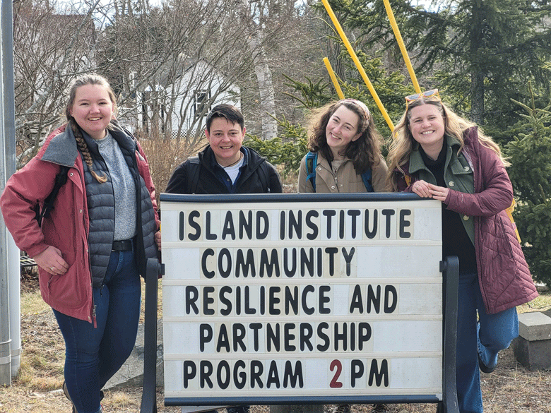 From left, the Island Institute's Eastport Island Fellow Paige Atkinson; Institute staff Alex Zipparo; Mount Desert Island Fellow Brianna Cunliffe; and Institute staffer Abby Roche.