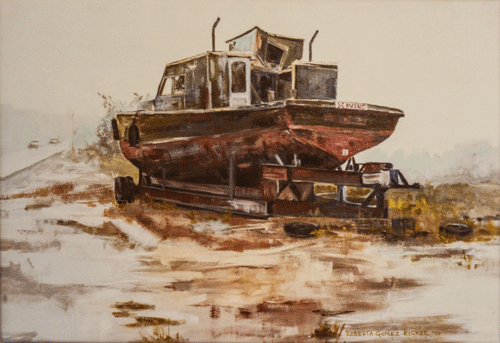 A print of Ricker’s painting of Seawind, a fishing boat that stood abandoned on a trailer off of Commercial Street in Portland. The painting was done in 1990.