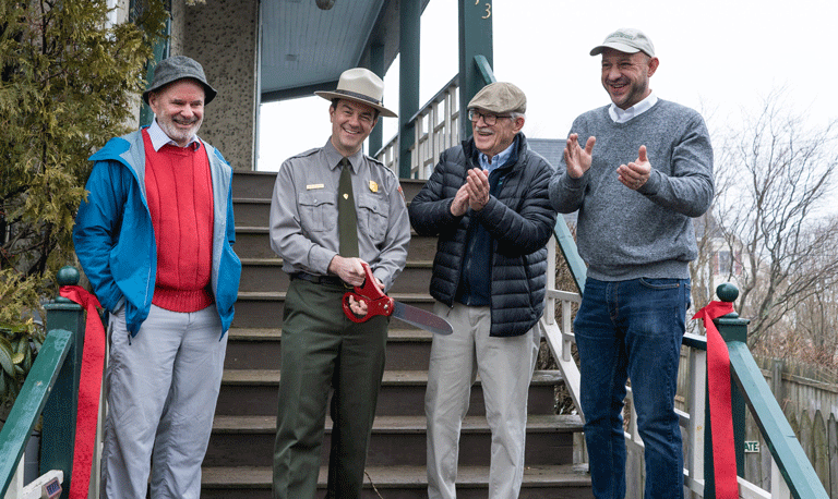 From left, Dave Edson of Friends of Acadia’s board of directors; Kevin Schneider, park superintendent; Jack Kelley, Friends of Acadia board chairman, and Eric Stiles, Friends of Acadia president and CEO, in front of the Kingsleigh Inn in Southwest Harbor. PHOTO: GINNY MAJKA/FRIENDS OF ACADIA