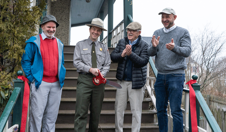 From left, Dave Edson of Friends of Acadia’s board of directors; Kevin Schneider, park superintendent; Jack Kelley, Friends of Acadia board chairman, and Eric Stiles, Friends of Acadia president and CEO, in front of the Kingsleigh Inn in Southwest Harbor. PHOTO: GINNY MAJKA/FRIENDS OF ACADIA