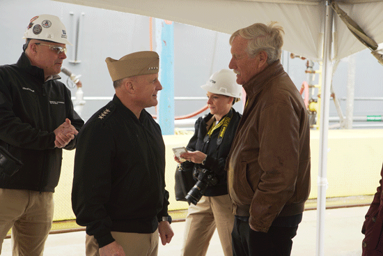 Sen. Angus King speaks with Admiral Mike Gilday.