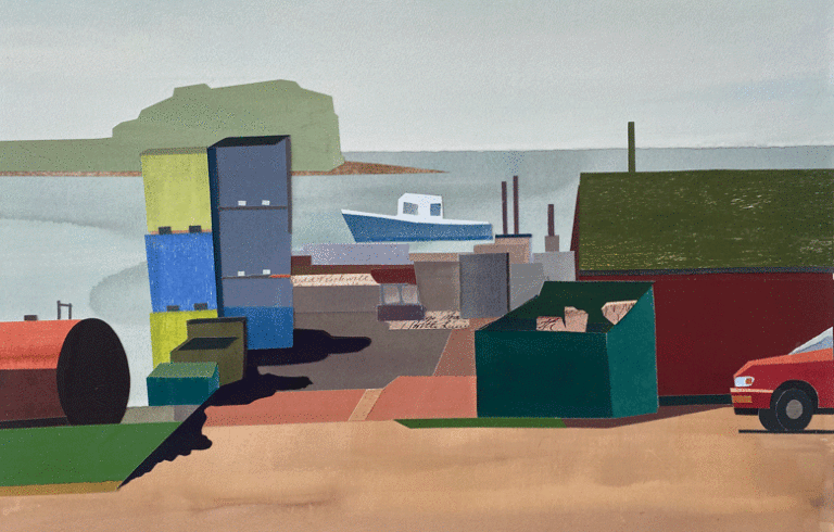 Stan Beal’s "Wharf, Beals, Maine,” (2022) collage, 18-inches by 24-inches. IMAGE: COURTESY LITTLEFIELD GALLERY