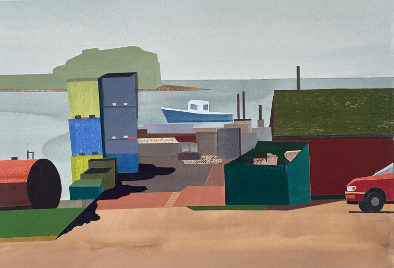 Stan Beal’s "Wharf, Beals, Maine,” (2022) collage, 18-inches by 24-inches. IMAGE: COURTESY LITTLEFIELD GALLERY