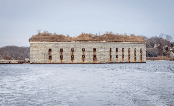 Fort Gorges in Portland Harbor, as seen from the water.