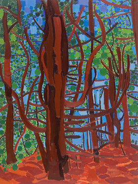 Lynne Drexler (1928-1999), “Tree of Age,” (1981), by Lynne Drexler, oil on canvas, 48 x 36 inches; Monhegan Museum of Art & History, gift of Harry T. Bone and William and Barbara Manning.