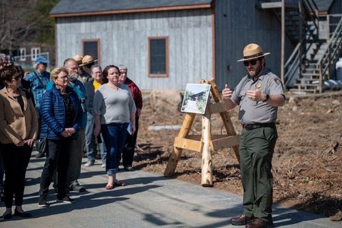Environmental Specialist Jason Flynn walks audience members through key features of what will be Acadia National Park's new maintenance facility.