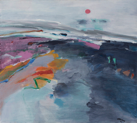 “Red Tide at Sunset,” (1975) by Reuben Tam (1916-1991), oil on canvas, 22 x 24 inches; Monhegan Museum of Art & History, gift of Susan Bateson and Stephen S. Fuller.