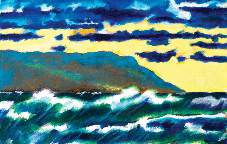 “Sunset August 20th, Fanfare for Whitecaps,” Marvin Oberman (1927-2018), acrylic on paper, 11 x 14½ inches; collection of Emily Oberman.