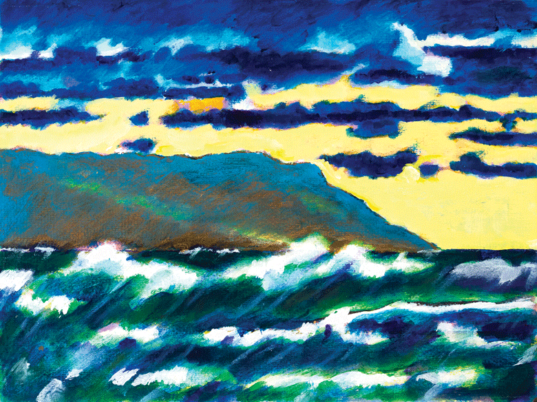 “Sunset August 20th, Fanfare for Whitecaps,” Marvin Oberman (1927-2018), acrylic on paper, 11 x 14½ inches; collection of Emily Oberman.