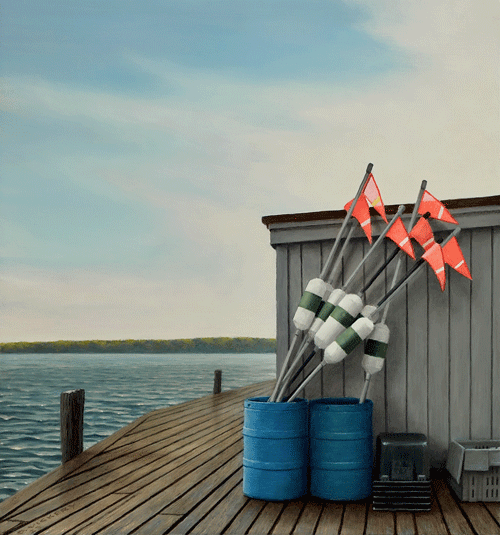 David Vickery, Flag Buoys, Olson Wharf, 2023, oil on panel, 13 ½ by 12 ½ inches. Photos courtesy the artist