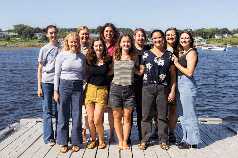 Island Institute Fellows, including those returning for a second year and those beginning their fellowship this fall, pose for a photo during an orientation in St. George. Back row, from left: Katie Liberman, Lavinia Clarke, Olivia Jolley, Kaylin Wu, and Morgan Karns. Front row, from left: Alice Cockerham, Brianna Cunliffe, Grace Carrier, and Claire Oxford. PHOTO: JACK SULLIVAN