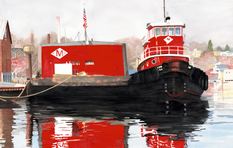 Linda Norton’s “Belfast Harbor Tug” (1999), watercolor on paper 21 by 29 inches (now in a private collection).