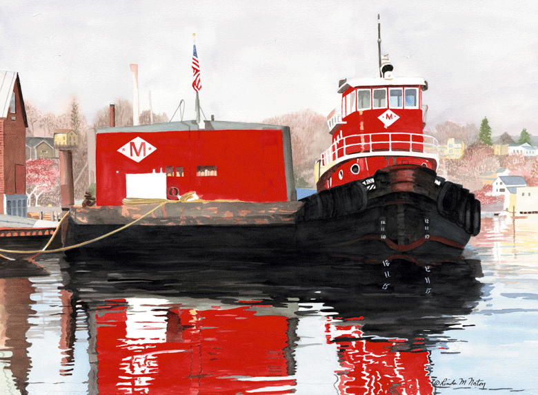 Linda Norton’s “Belfast Harbor Tug” (1999), watercolor on paper 21 by 29 inches (now in a private collection).