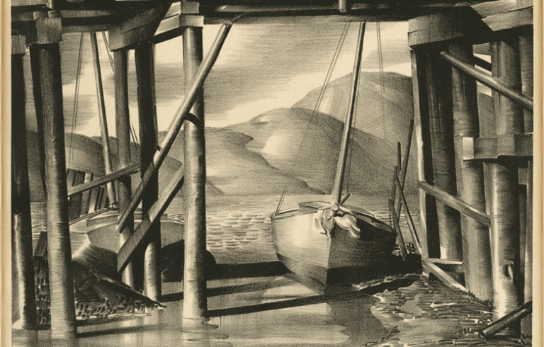 Stow Wengenroth, “Low Tide,” August 1931, lithograph, edition of 51, 9 1/16 by 12 9/16 inches Edition of 51. IMAGE COURTESY OF THE TIDES INSTITUTE AND MUSEUM OF ART.