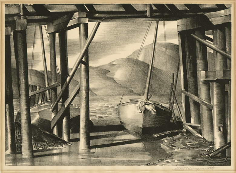 Stow Wengenroth, “Low Tide,” August 1931, lithograph, edition of 51, 9 1/16 by 12 9/16 inches Edition of 51. IMAGE COURTESY OF THE TIDES INSTITUTE AND MUSEUM OF ART.