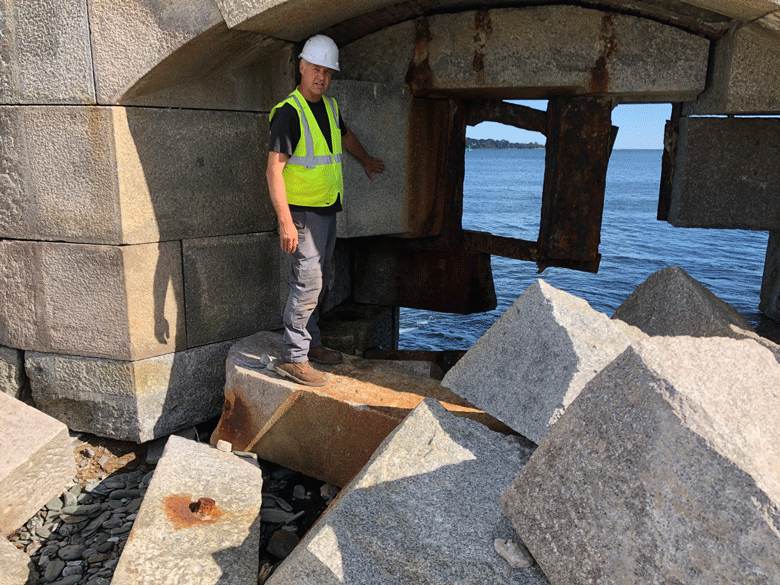 Aaron Bourassa, project manager overseeing the stabilization project at Fort Preble on the Southern Maine Community College campus. PHOTO: CLARKE CANFIELD