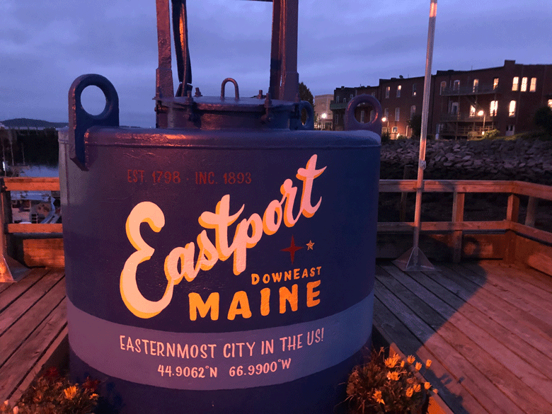 Eastport’s buoy in its setting on the city’s breakwater on a foggy night in August. PHOTO: TOM GROENING