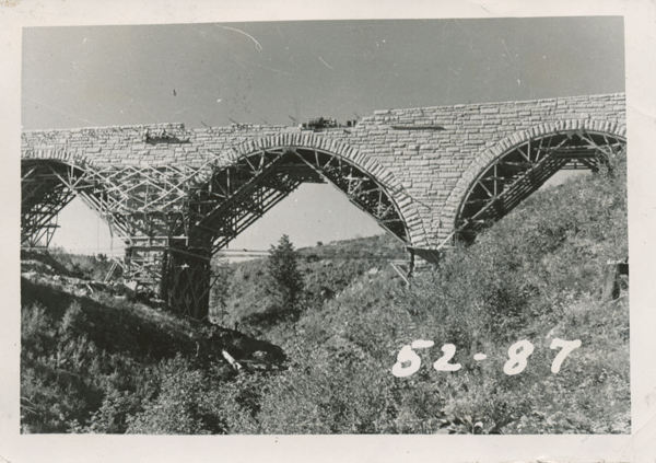 One of the distinctive arched bridges being constructed in Acadia National Park.