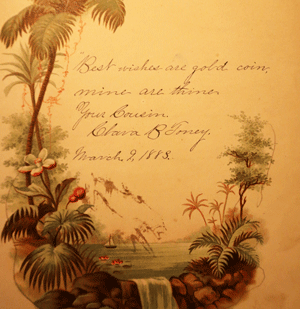 Clara Torrey’s entry into Bertie’s journal. Claire was Bertie’s cousin. The page is illustrated with a colorful seaside scene.