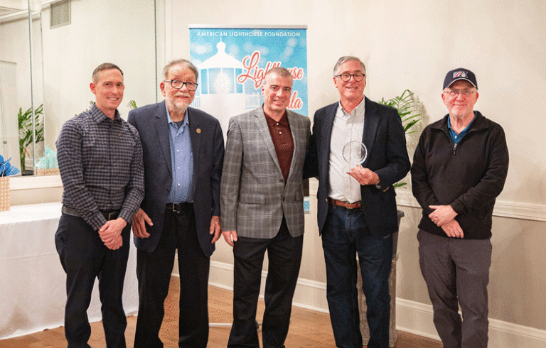 Peter Ralston was named American Lighthouse Foundation’s 2023 “Keeper of the Light.” From left, the foundation’s Nick Korstad, Alan Ells, Bob Trapani, Jr., Ralston, and Jeremy D’Entremont.