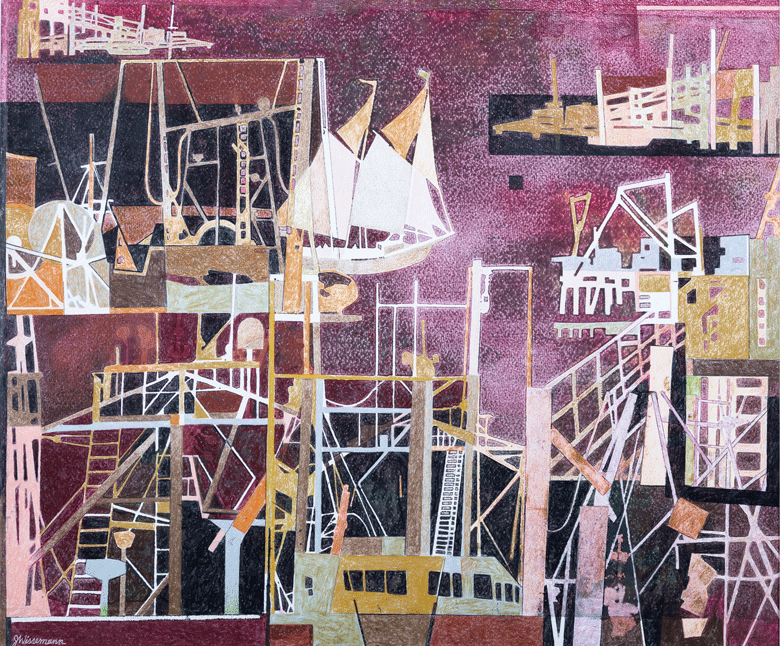 John Wissemann’s “Friendship Harbor 2013,” mixed media on paper, 22 by 30 inches PHOTO: JEFF FULLER