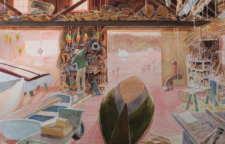 “The J. O. Brown Boatyard, North Haven” (2012) by Seaver Leslie; transparent watercolor, 11-inches by 14 inches.