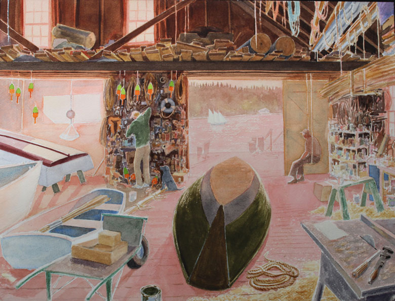 “The J. O. Brown Boatyard, North Haven” (2012) by Seaver Leslie; transparent watercolor, 11-inches by 14 inches.