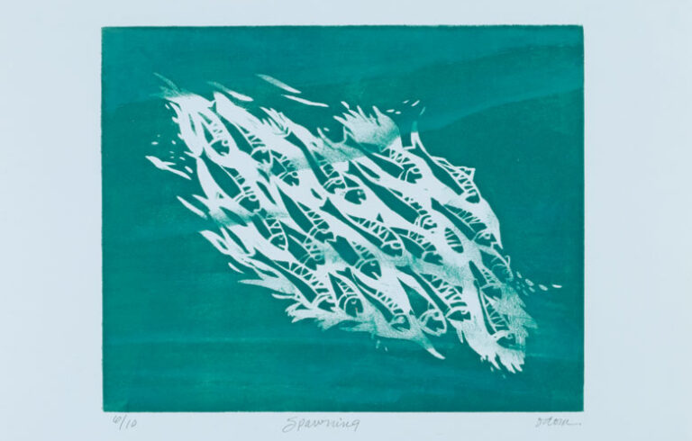 Frankie Odom, “Spawning,” ca. 2009, ink print embossment on paper, 11 x 14½ in. COLLECTION OF THE FAMILY OF FRANKIE ODOM//COURTESY MONHEGAN MUSEUM OF ART AND HISTORY