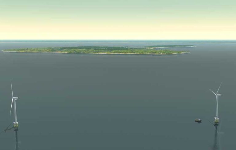 An artist's rendering of the three proposed wind turbines off Block Island