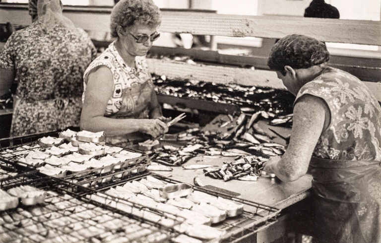 Minna Page, a cannery worker, inside Stinson's Cannery in Belfast in 1990. PHOTO: PEGGY MCKENNA COLLECTION/PENOBSCOT MARINE MUSEUM