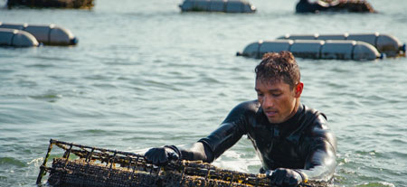 Apprentice Michael Scannel flips cages at Madeleine Point Oyster Company. The image is from the Maine Aquaculture Association’s Tending the Tides documentary, courtesy Maine Aquaculture Association.