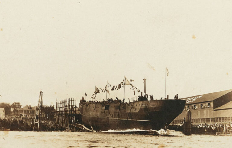 The September 1901 launch of the USS Cleveland at Bath Iron Works.